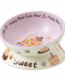 Ceramic Elevated Slanted-Rim Pet Bowl - Bear
