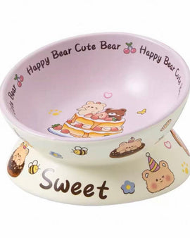 Ceramic Elevated Slanted-Rim Pet Bowl - Bear
