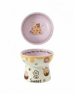 Ceramic Elevated Pet Bowl with Wide Rim - Bear